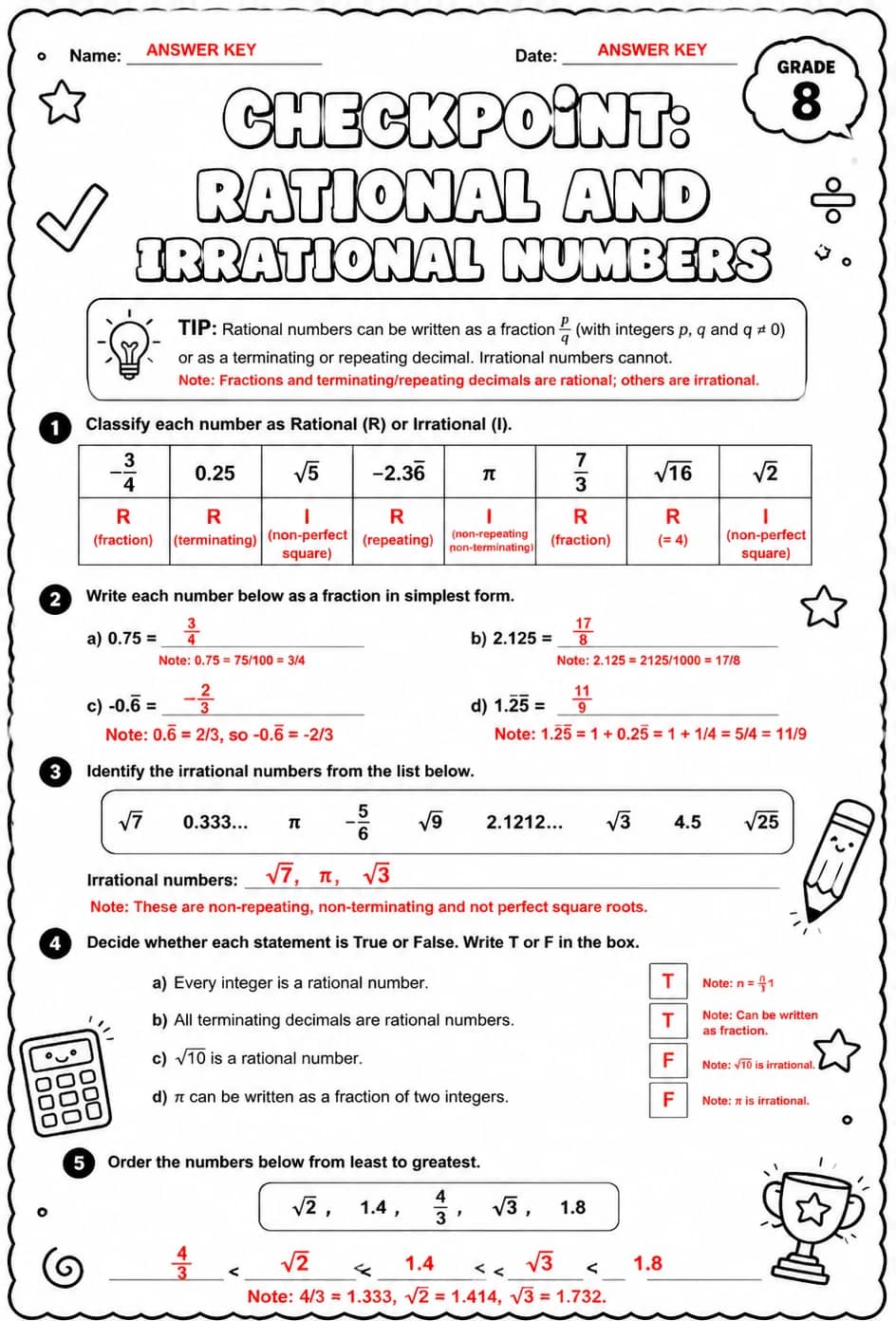 Answer key for Checkpoint: Rational and irrational numbers — free printable Math worksheet