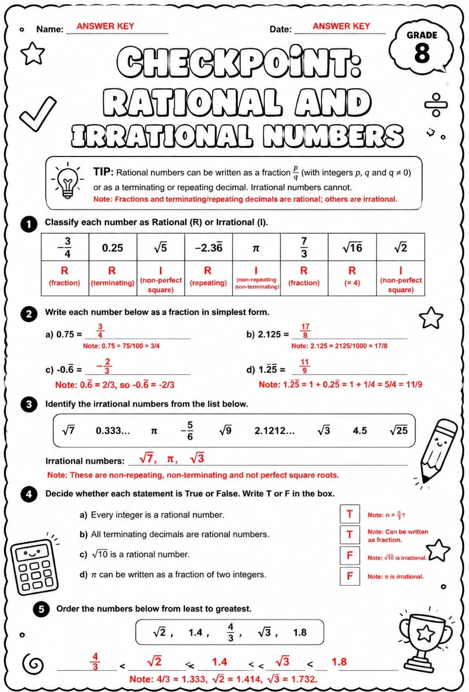 Answer key for Checkpoint: Rational and irrational numbers — free printable Math worksheet