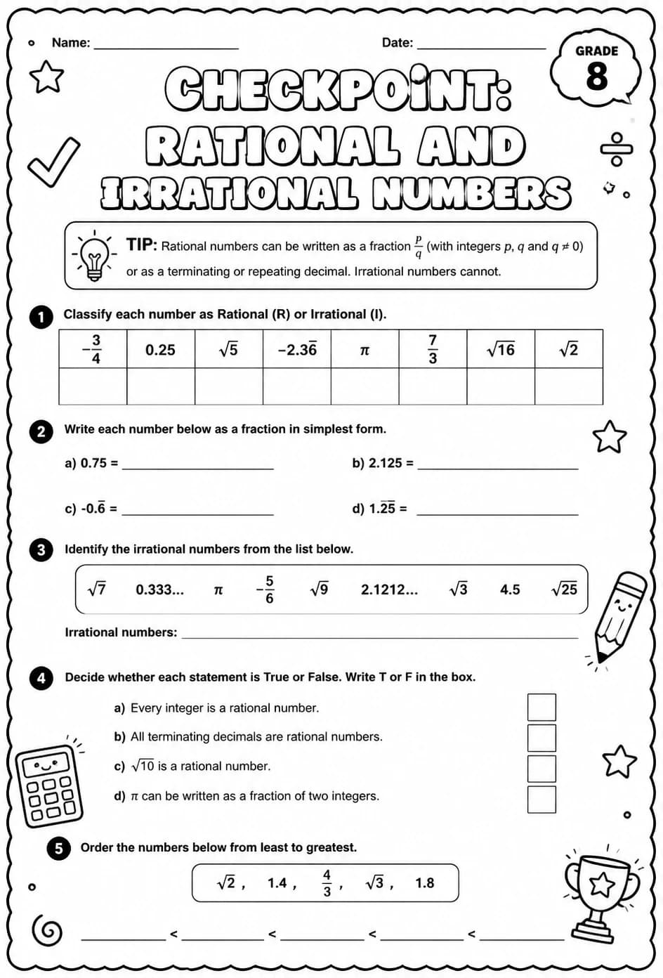 Checkpoint: Rational and irrational numbers — free printable Grade 8 math worksheet