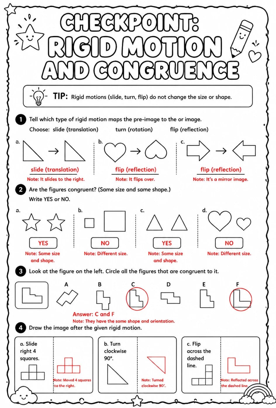 Answer key for Checkpoint: Rigid motion and congruence — free printable Math worksheet
