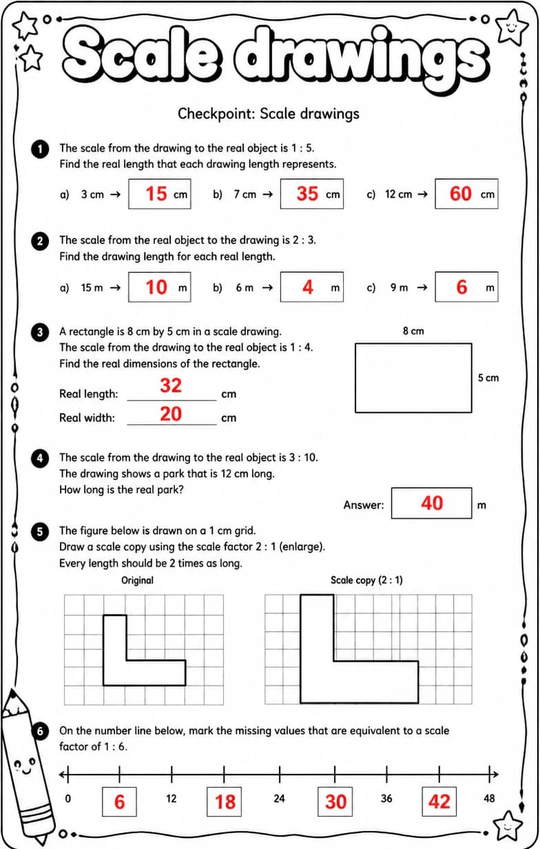 Answer key for Checkpoint: Scale drawings — free printable Math worksheet