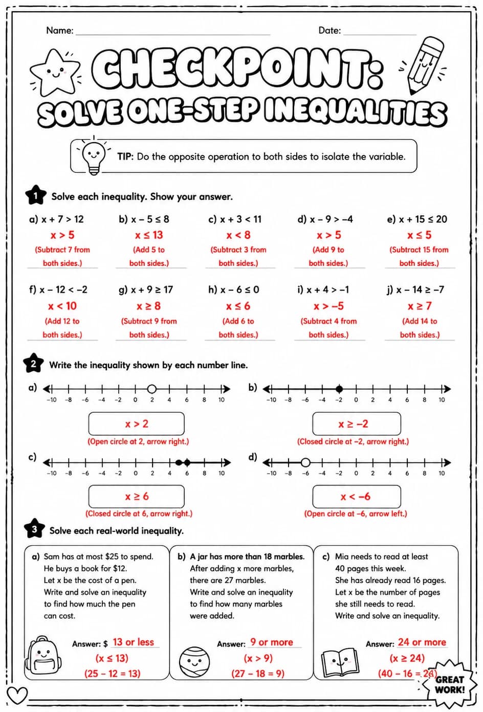 Answer key for Checkpoint: Solve one-step inequalities — free printable Math worksheet