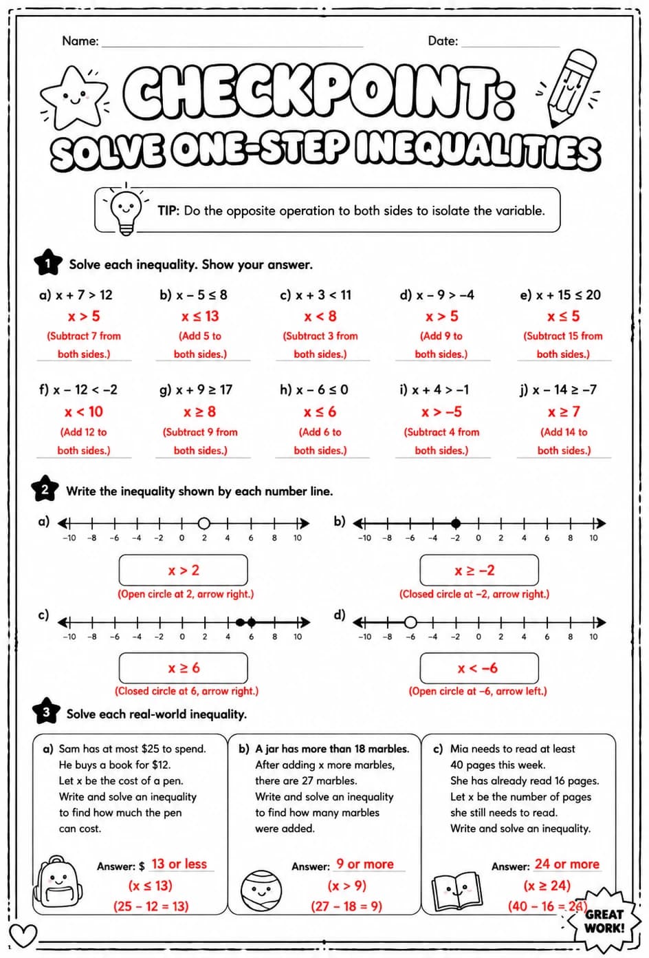Answer key for Checkpoint: Solve one-step inequalities — free printable Math worksheet