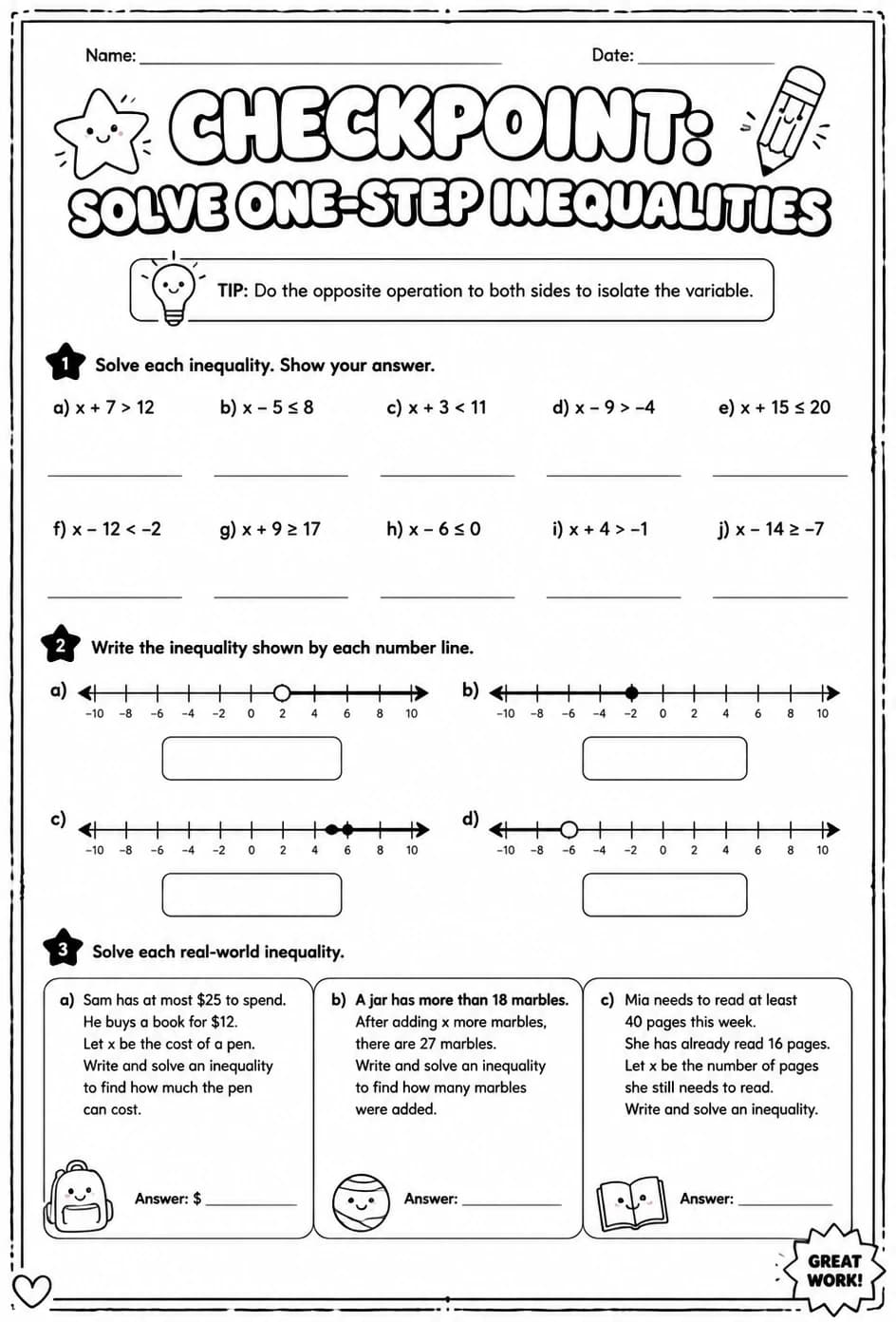Checkpoint: Solve one-step inequalities — free printable Grade 6 math worksheet