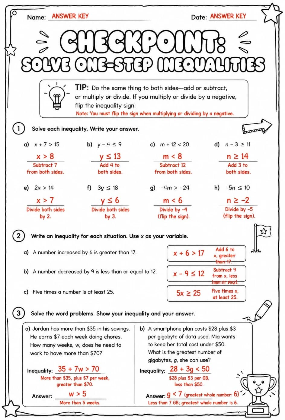Answer key for Checkpoint: Solve one-step inequalities — free printable Math worksheet