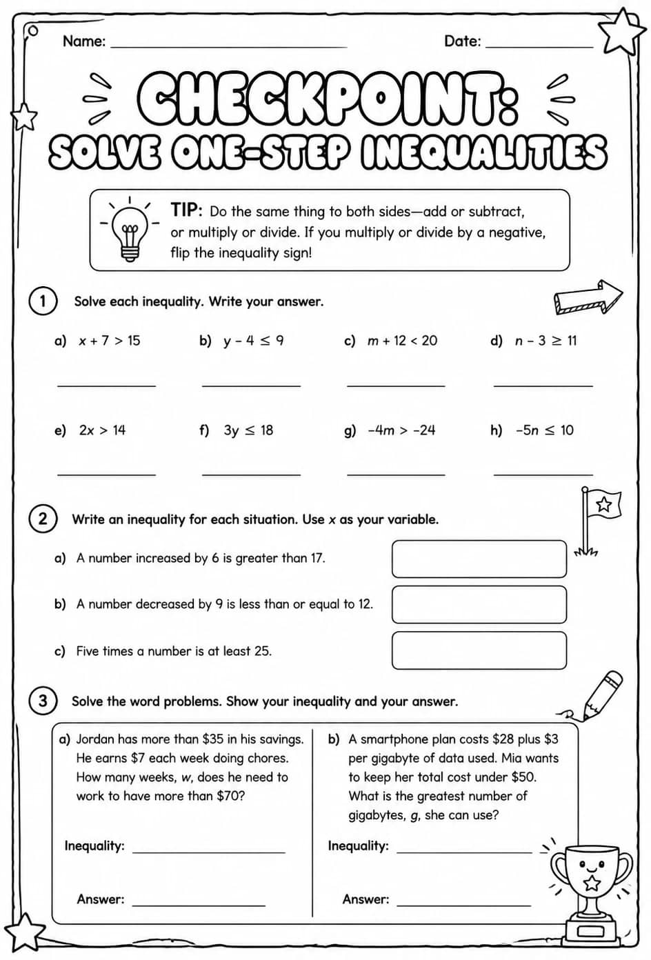 Checkpoint: Solve one-step inequalities — free printable Grade 7 math worksheet