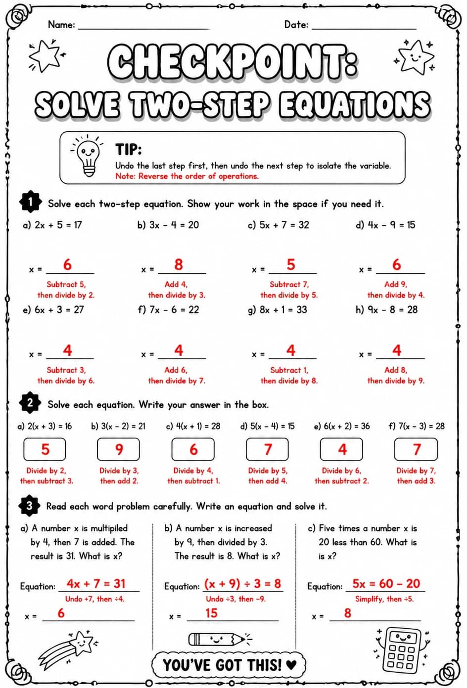 Answer key for Checkpoint: Solve two-step equations — free printable Math worksheet