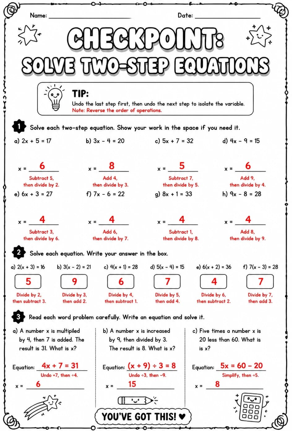 Answer key for Checkpoint: Solve two-step equations — free printable Math worksheet