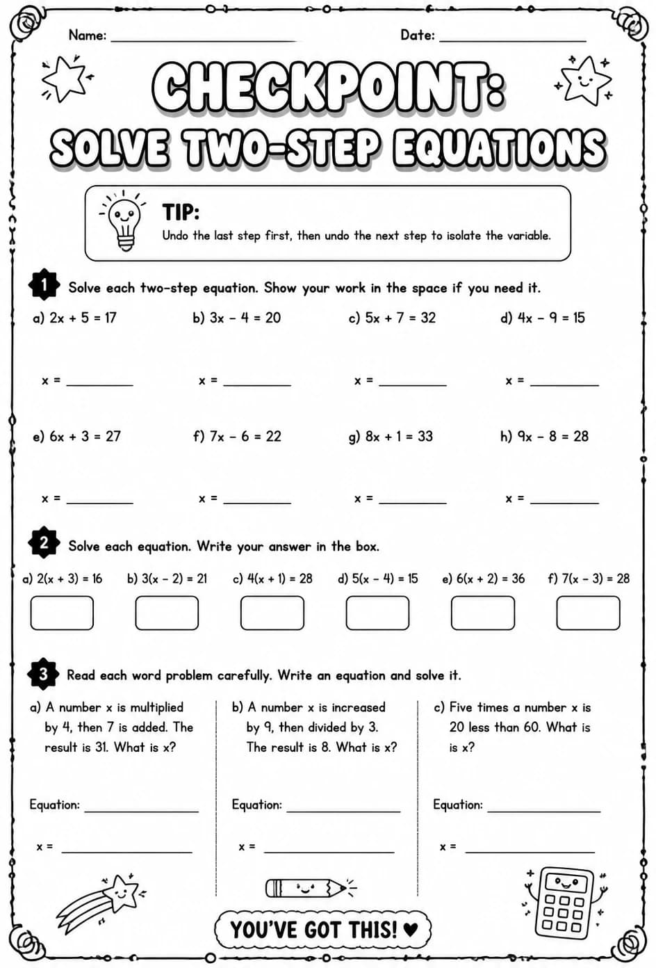 Checkpoint: Solve two-step equations — free printable Grade 7 math worksheet