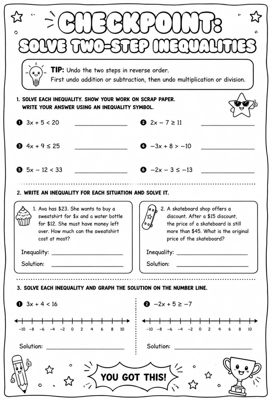 Checkpoint: Solve two-step inequalities — free printable Grade 7 math worksheet
