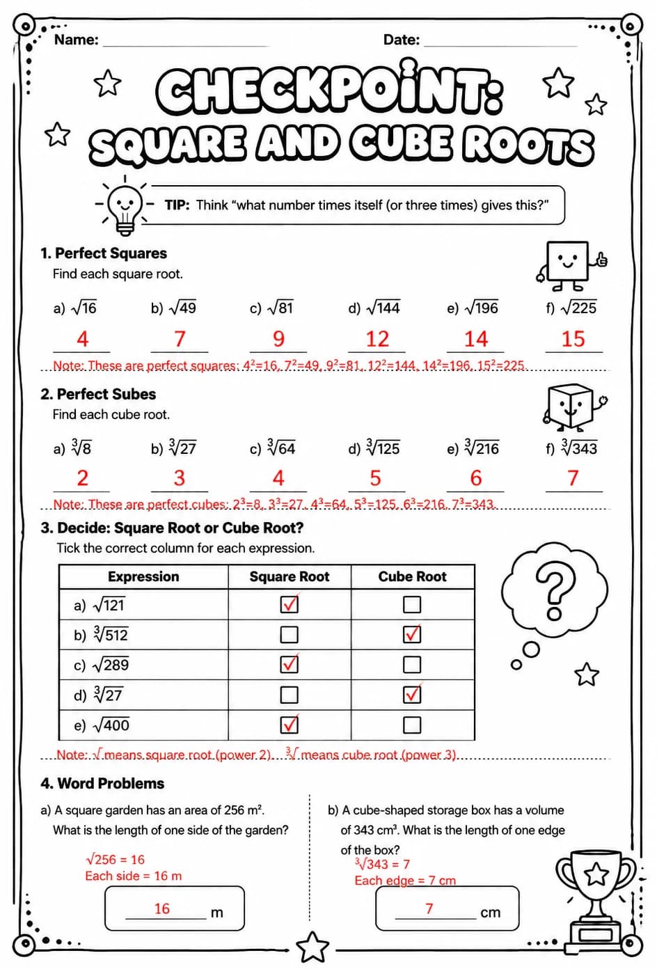 Answer key for Checkpoint: Square and cube roots — free printable Math worksheet