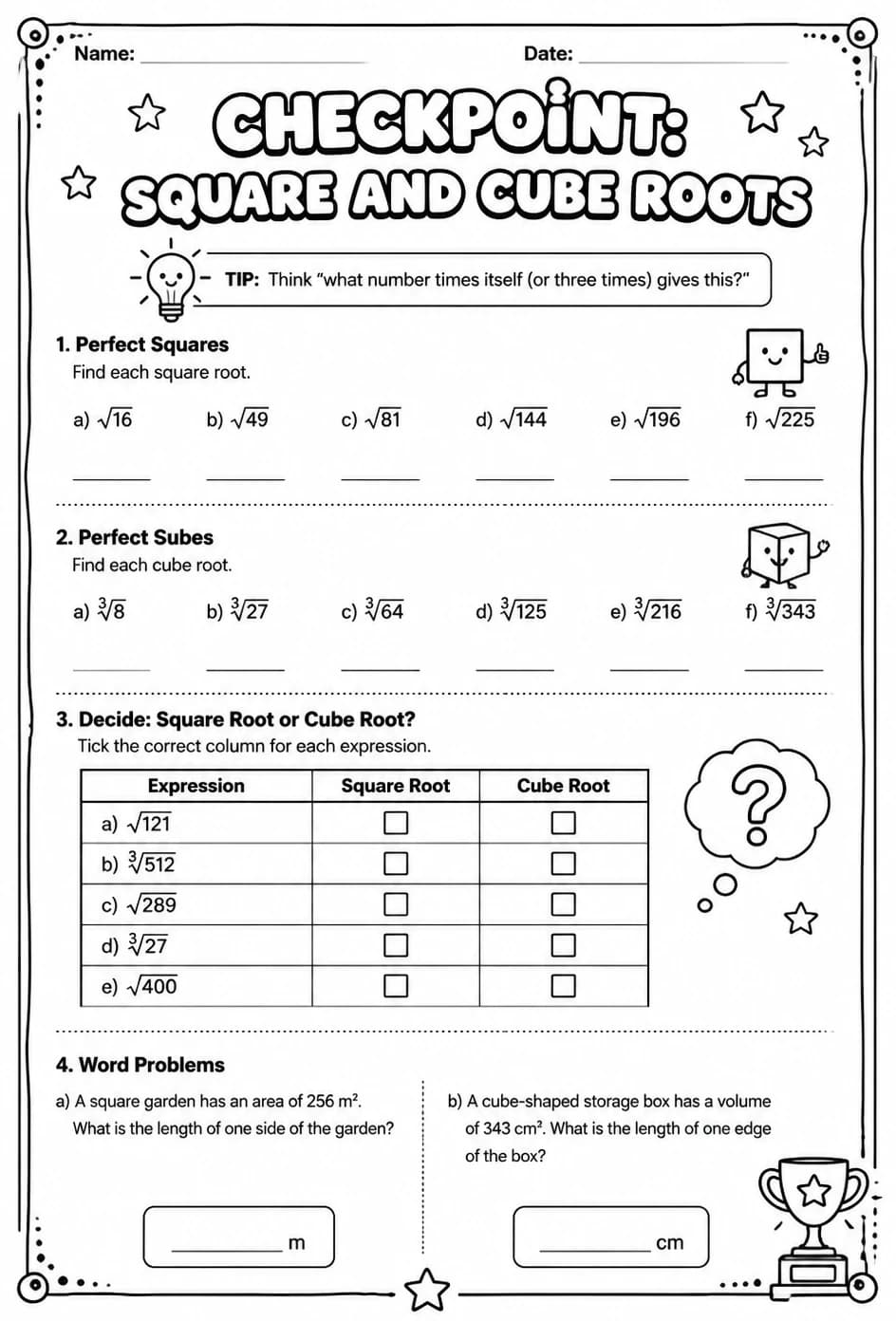 Checkpoint: Square and cube roots — free printable Grade 8 math worksheet