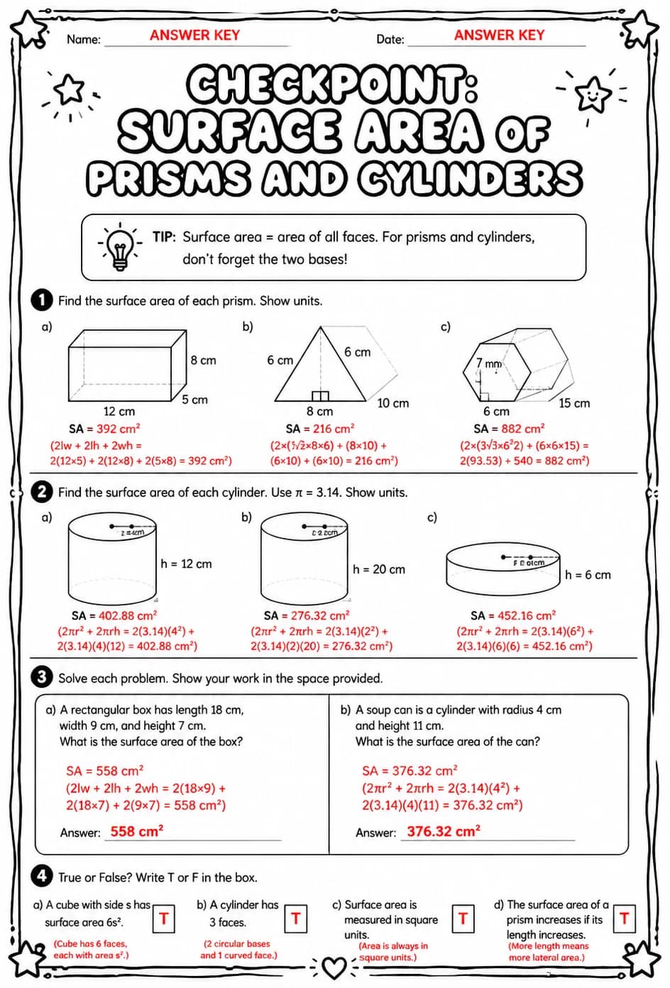 Answer key for Checkpoint: Surface area of prisms and cylinders — free printable Math worksheet