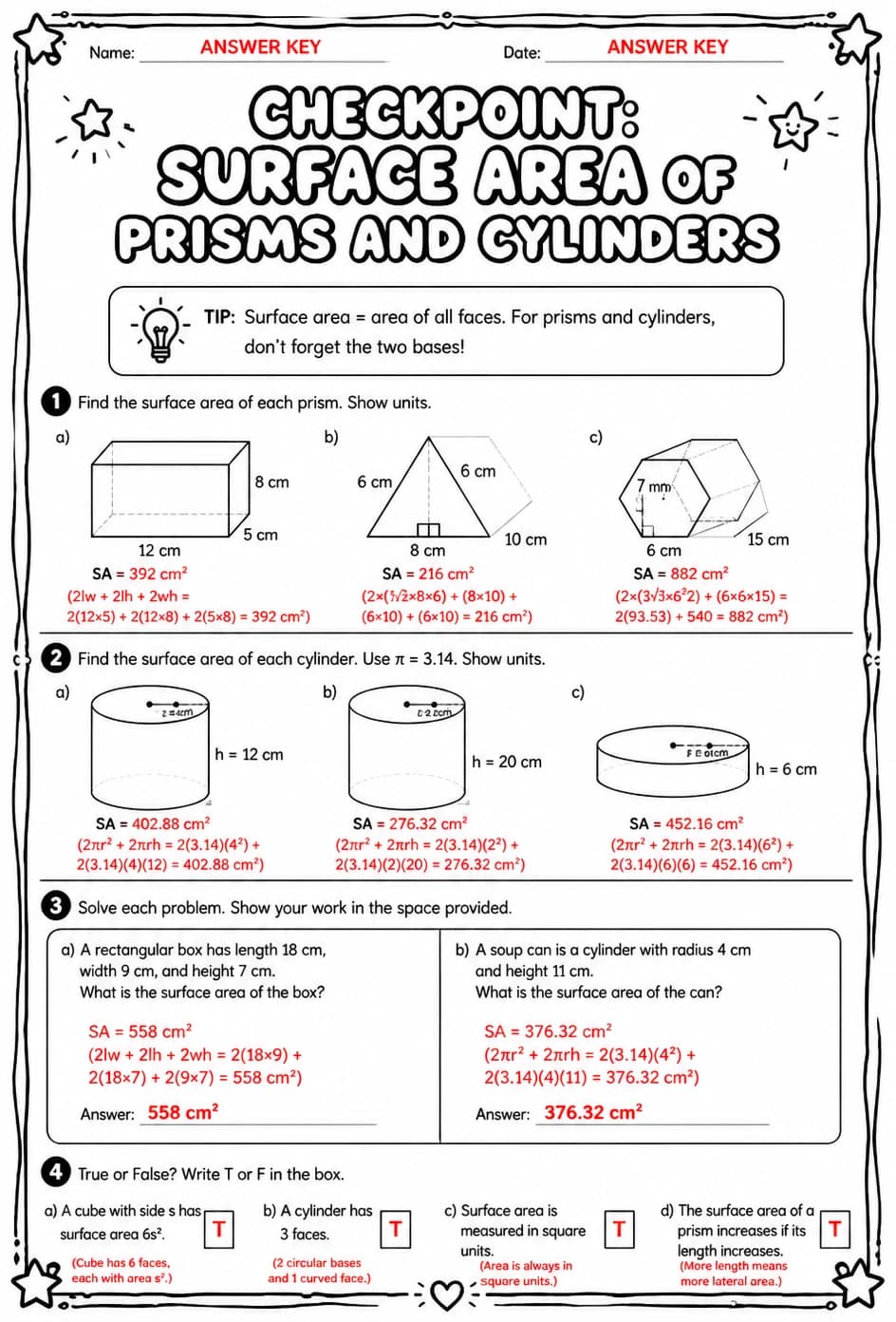 Answer key for Checkpoint: Surface area of prisms and cylinders — free printable Math worksheet