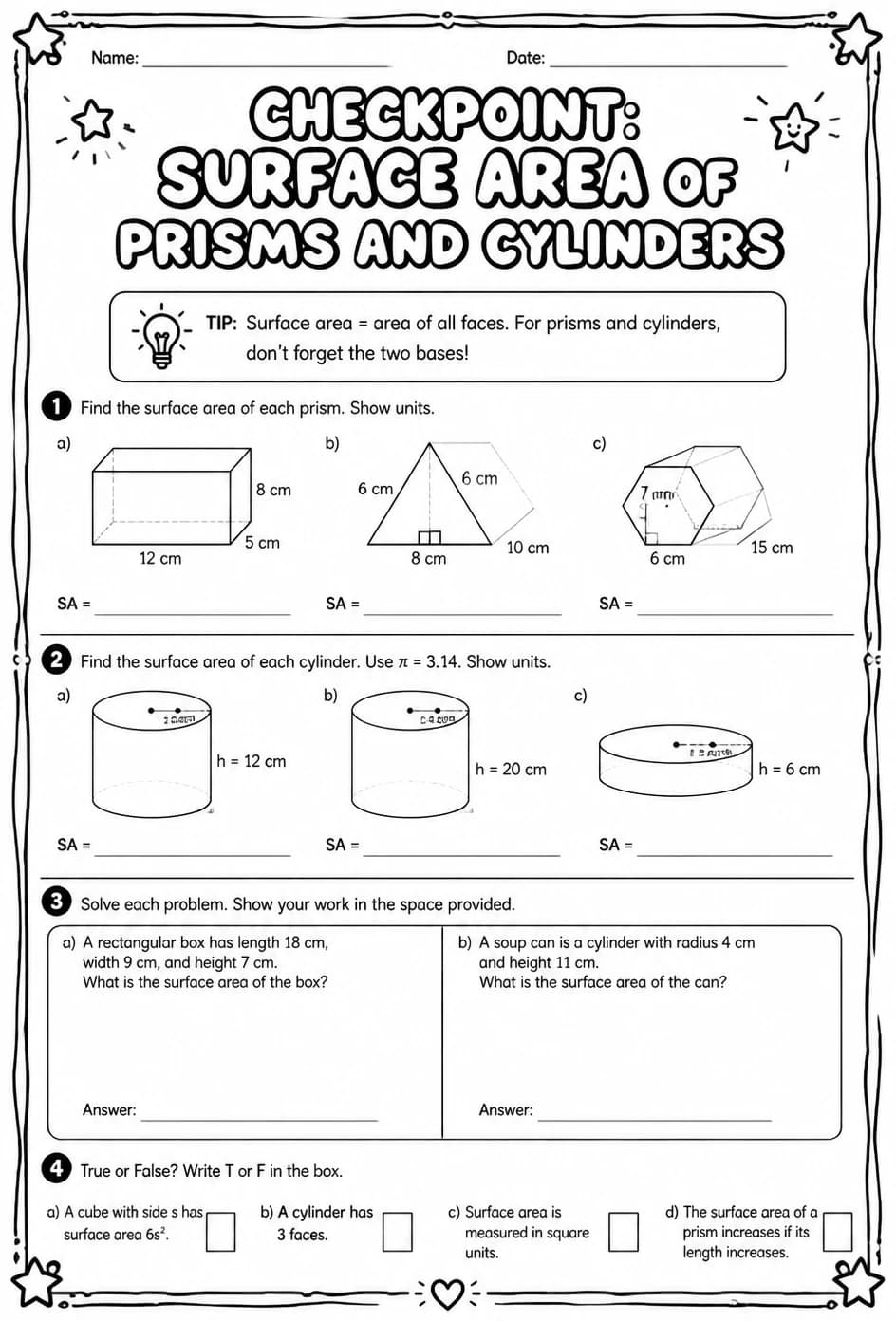Checkpoint: Surface area of prisms and cylinders — free printable Grade 8 math worksheet
