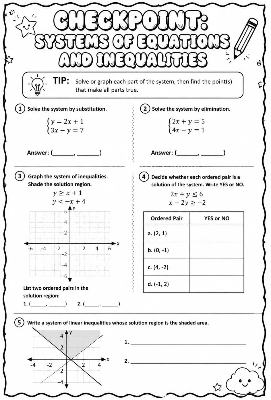 Checkpoint: Systems of equations and inequalities — free printable Algebra 1 math worksheet