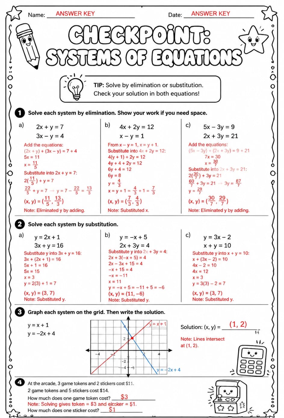 Answer key for Checkpoint: Systems of equations — free printable Math worksheet