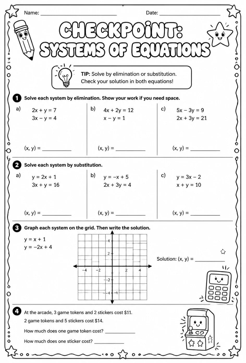 Checkpoint: Systems of equations — free printable Grade 8 math worksheet