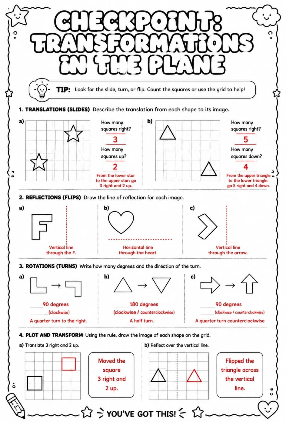 Answer key for Checkpoint: Transformations in the plane — free printable Math worksheet