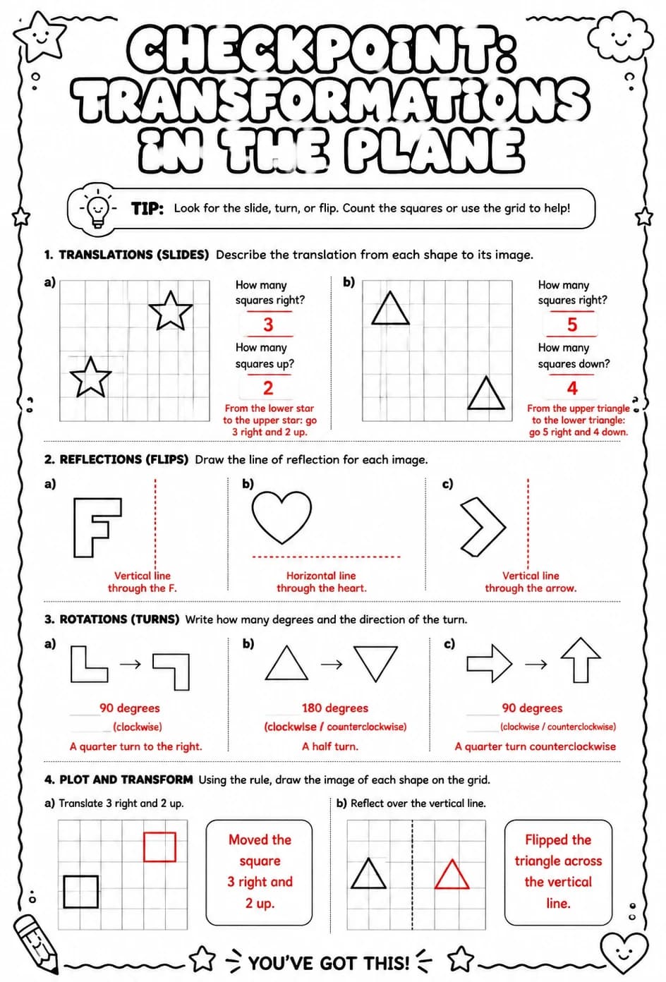 Answer key for Checkpoint: Transformations in the plane — free printable Math worksheet