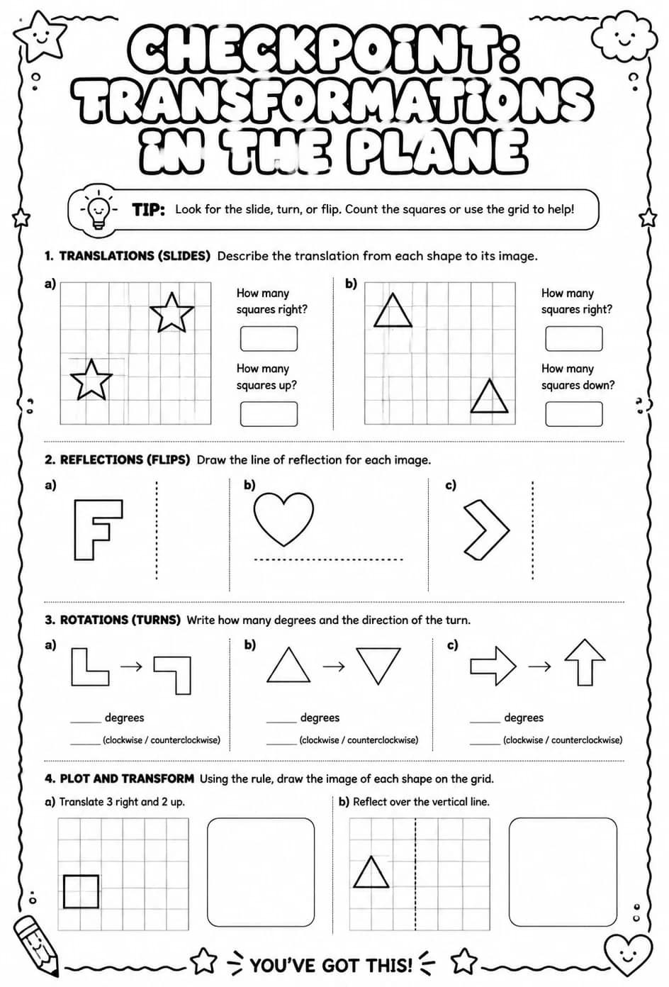 Checkpoint: Transformations in the plane — free printable Geometry math worksheet