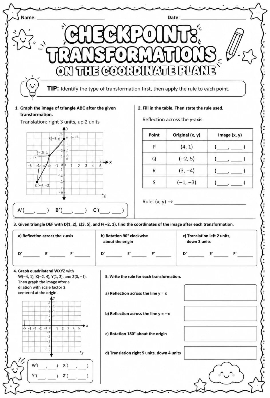 Checkpoint: Transformations on the coordinate plane — free printable Grade 8 math worksheet