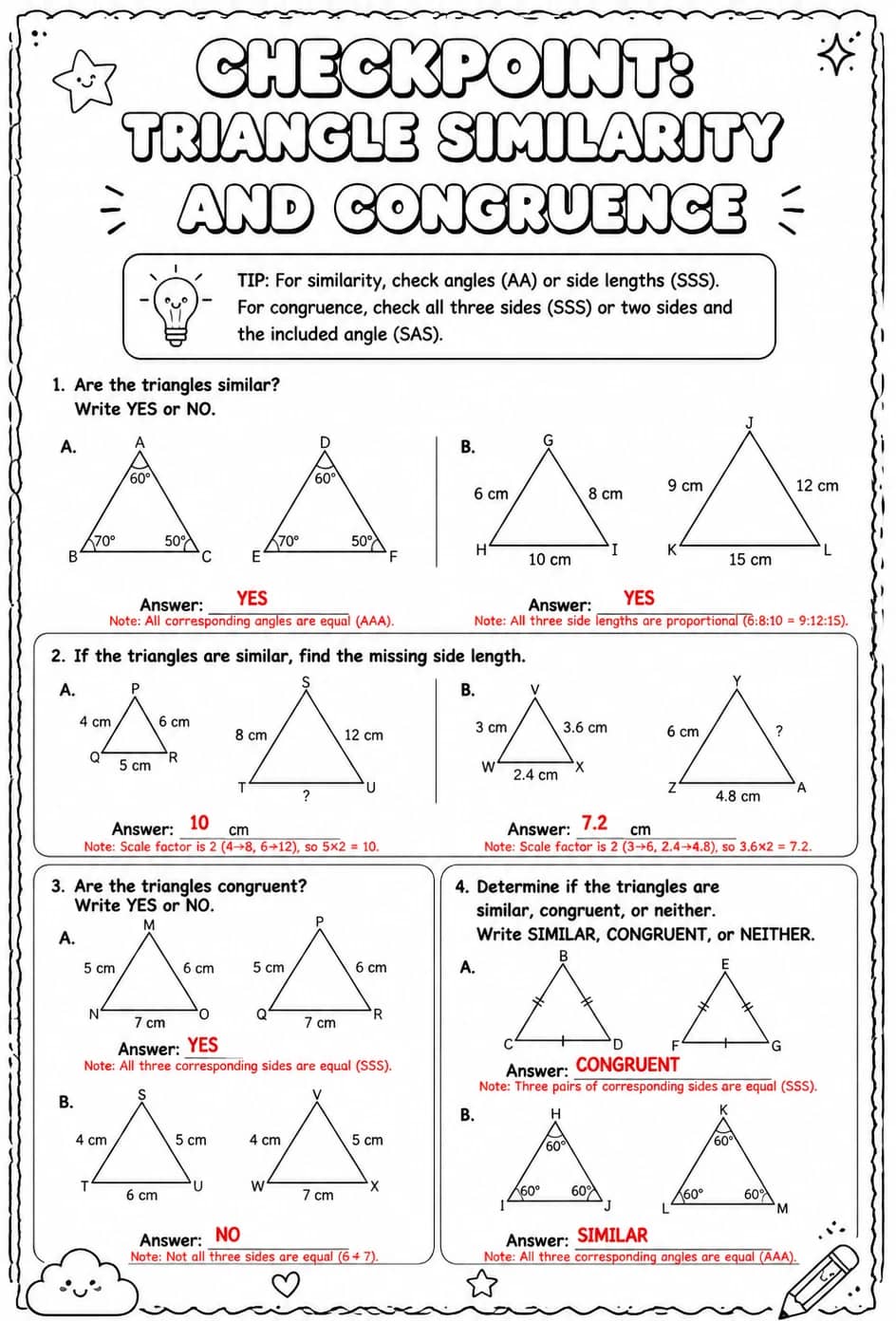Answer key for Checkpoint: Triangle similarity and congruence — free printable Math worksheet