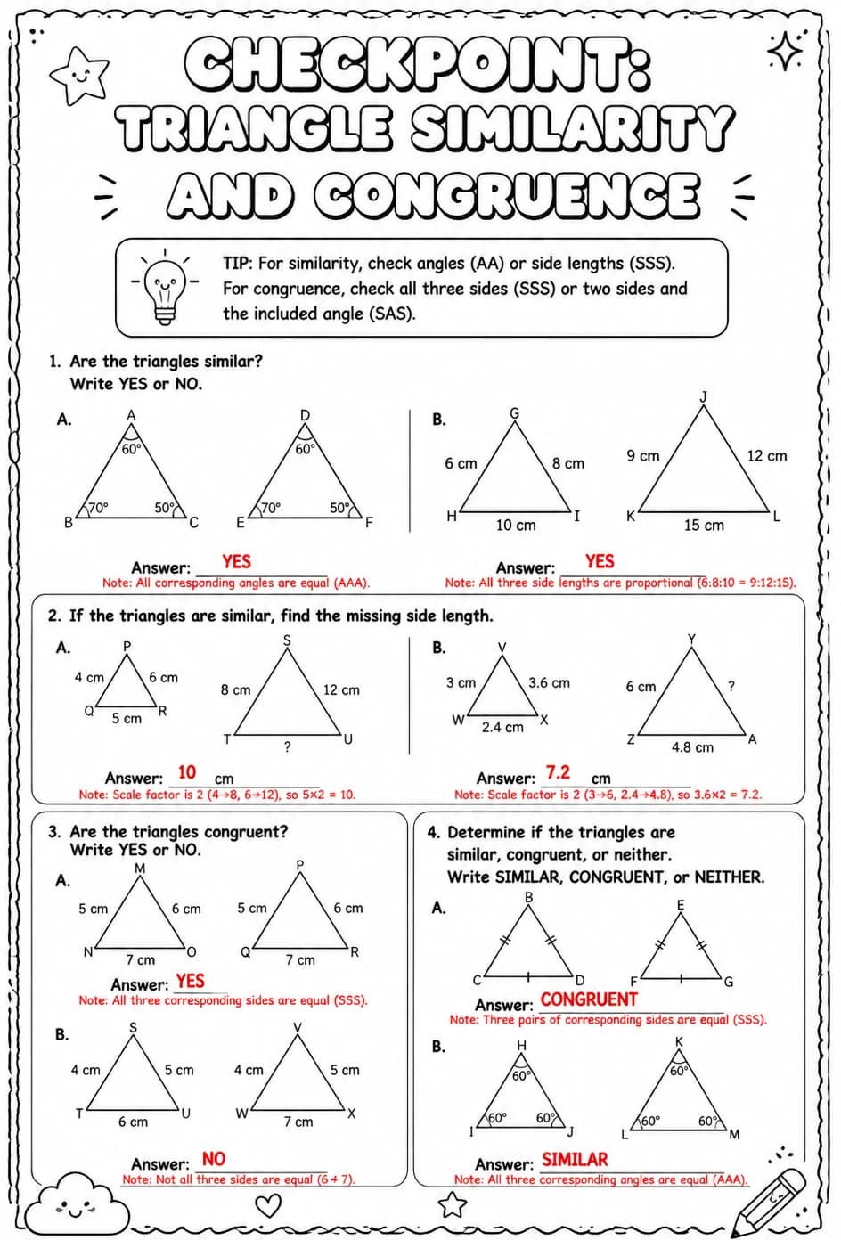 Answer key for Checkpoint: Triangle similarity and congruence — free printable Math worksheet