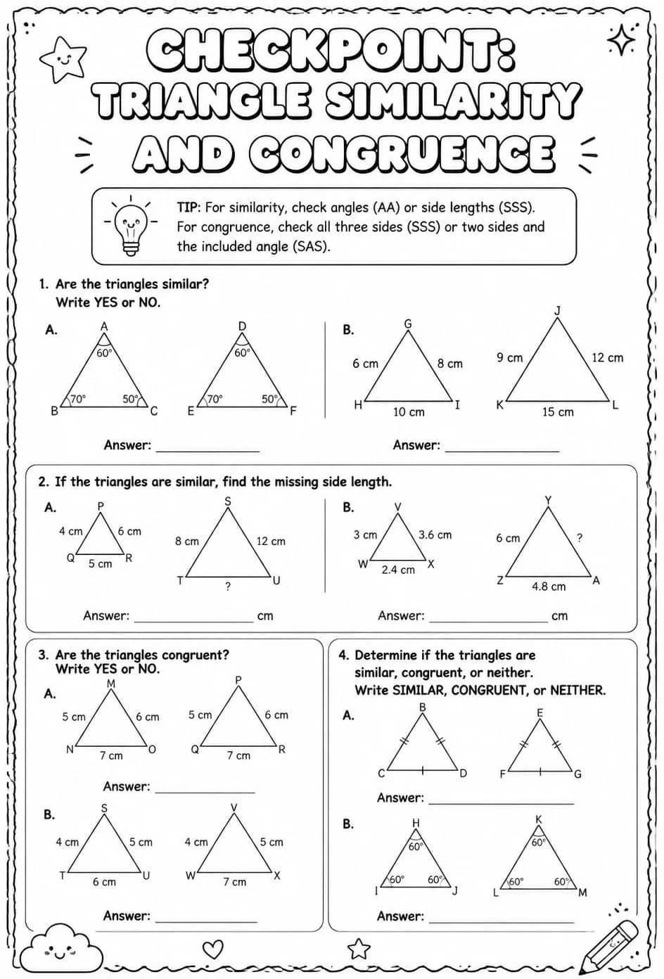 Checkpoint: Triangle similarity and congruence — free printable Geometry math worksheet