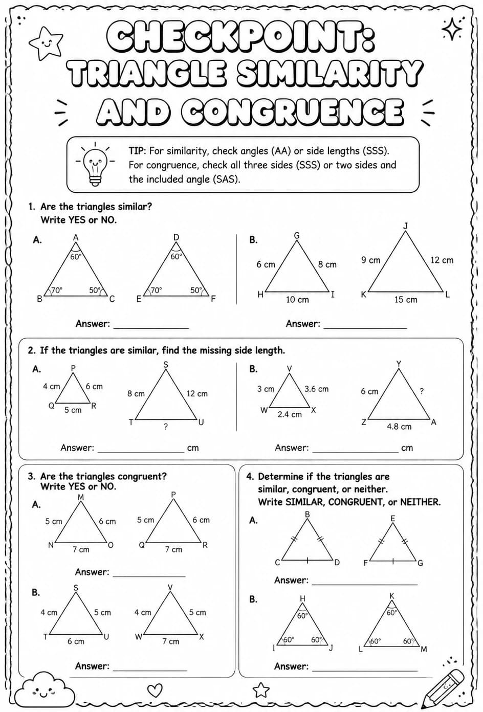 Checkpoint: Triangle similarity and congruence — free printable Geometry math worksheet