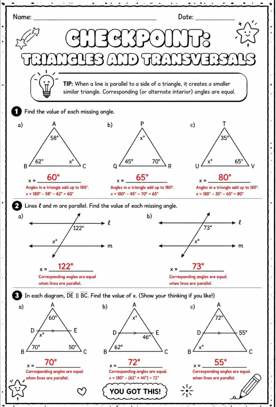 Answer key for Checkpoint: Triangles and transversals — free printable Math worksheet