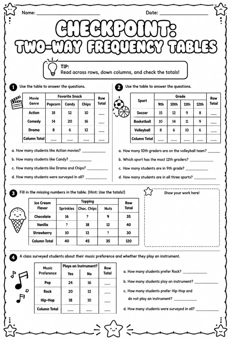 Checkpoint: Two-way frequency tables — free printable Algebra 1 math worksheet