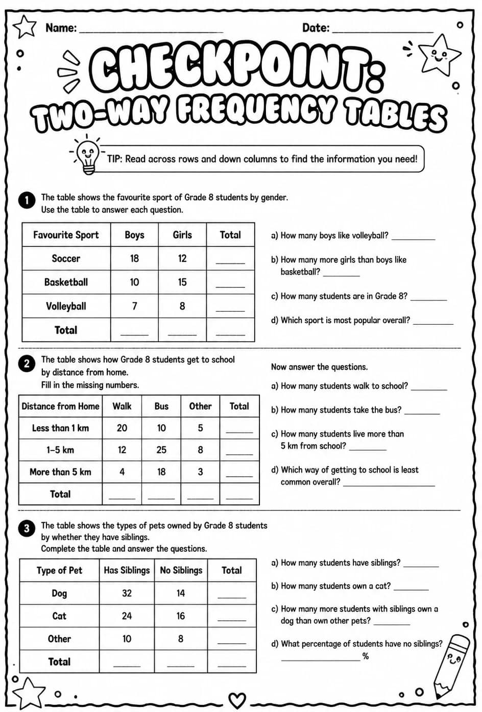 Checkpoint: Two-way frequency tables — free printable Grade 8 math worksheet
