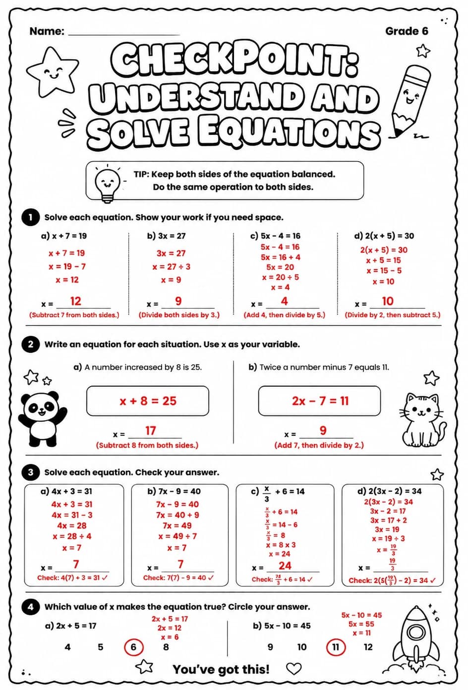 Answer key for Checkpoint: Understand and solve equations — free printable Math worksheet