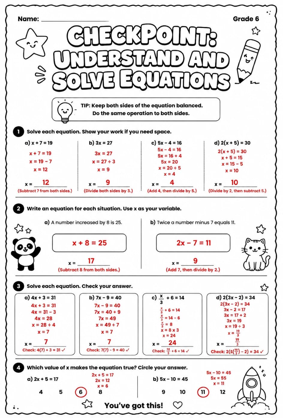Answer key for Checkpoint: Understand and solve equations — free printable Math worksheet