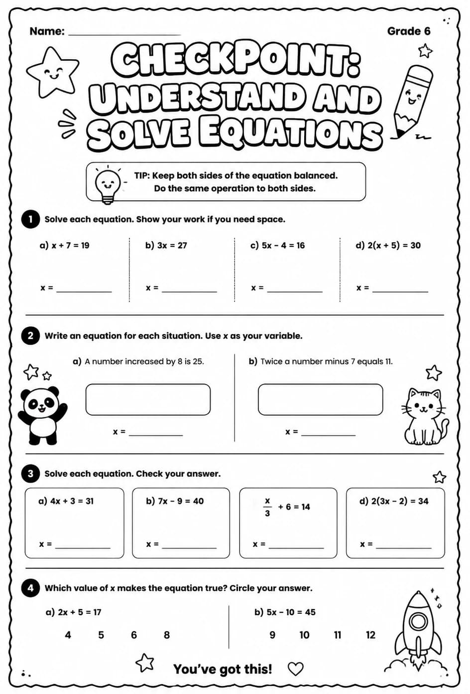 Checkpoint: Understand and solve equations — free printable Grade 6 math worksheet