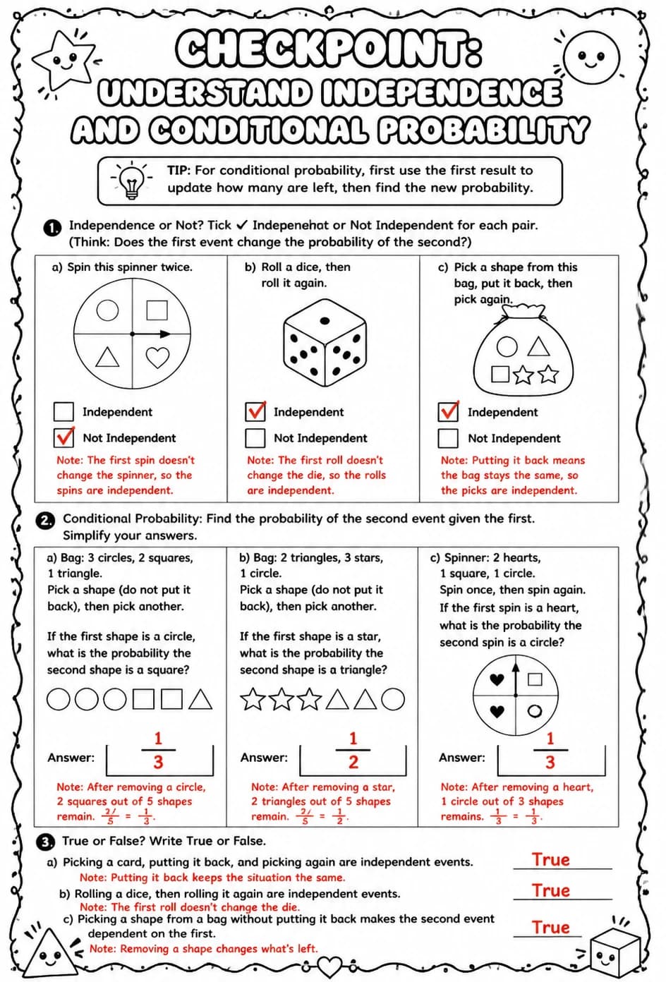Answer key for Checkpoint: Understand independence and conditional probability — free printable Math worksheet