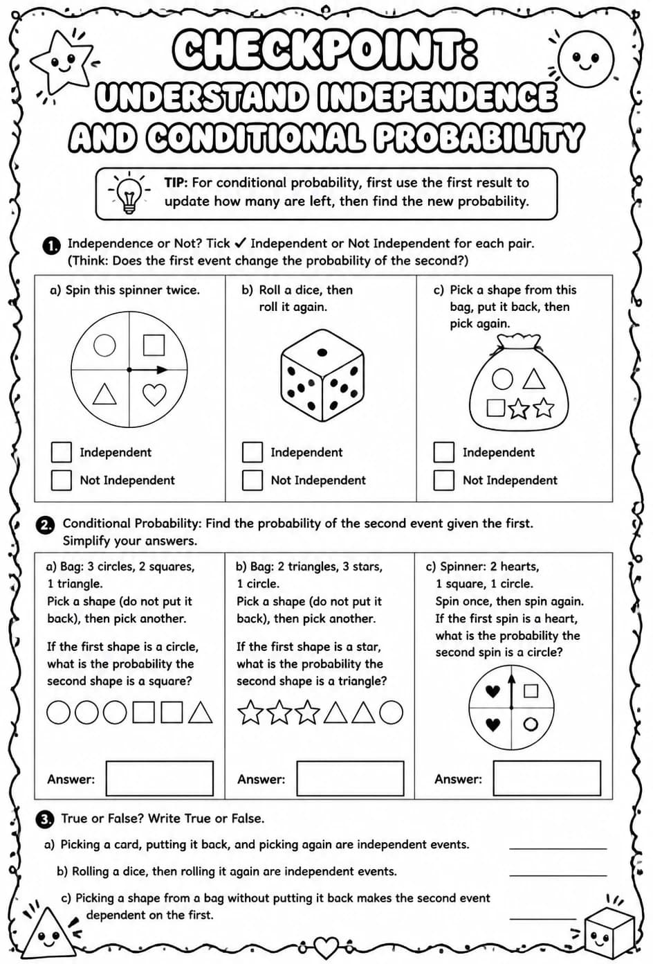 Checkpoint: Understand independence and conditional probability — free printable Geometry math worksheet