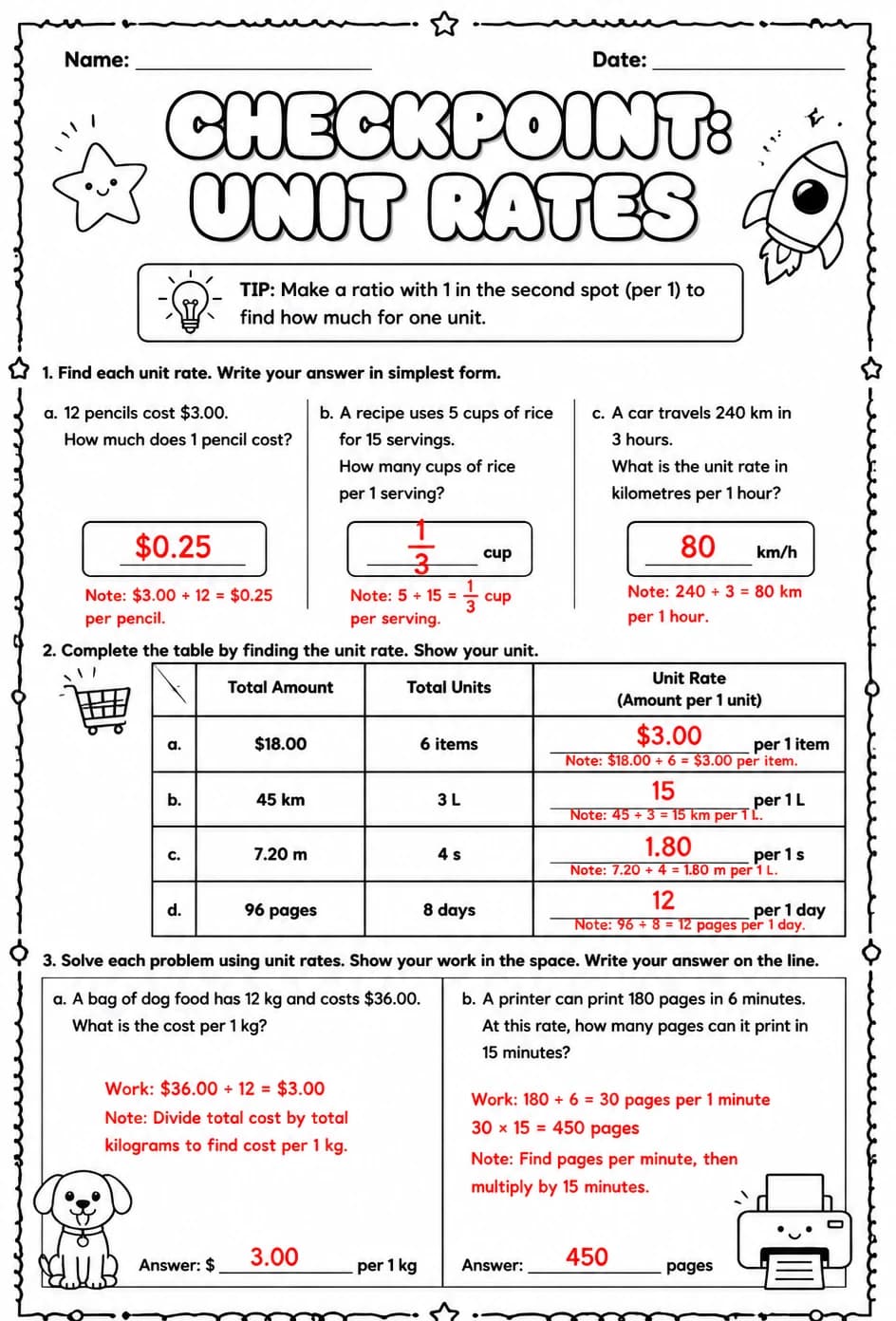 Answer key for Checkpoint: Unit rates — free printable Math worksheet