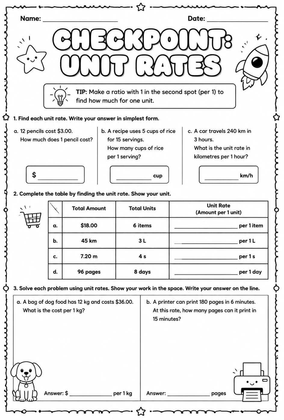 Checkpoint: Unit rates — free printable Grade 6 math worksheet