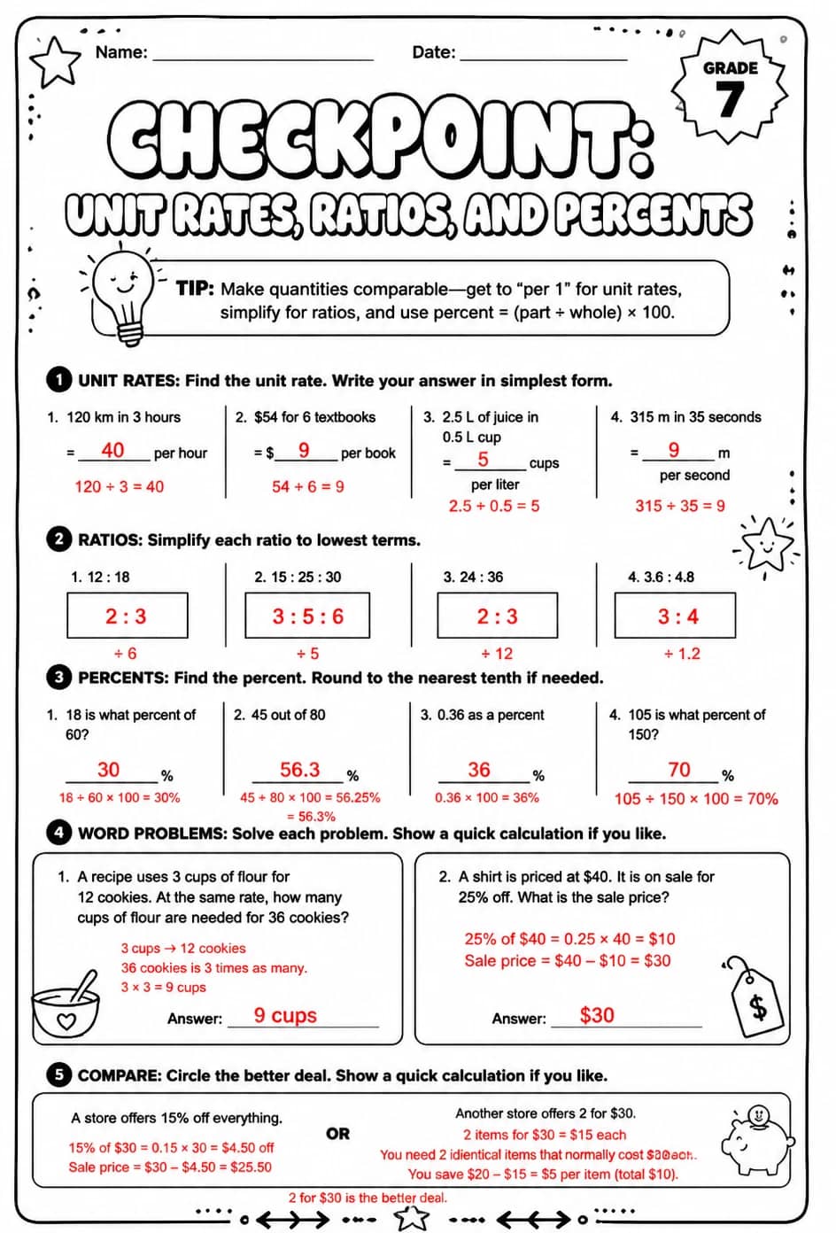Answer key for Checkpoint: Unit rates, ratios, and percents — free printable Math worksheet