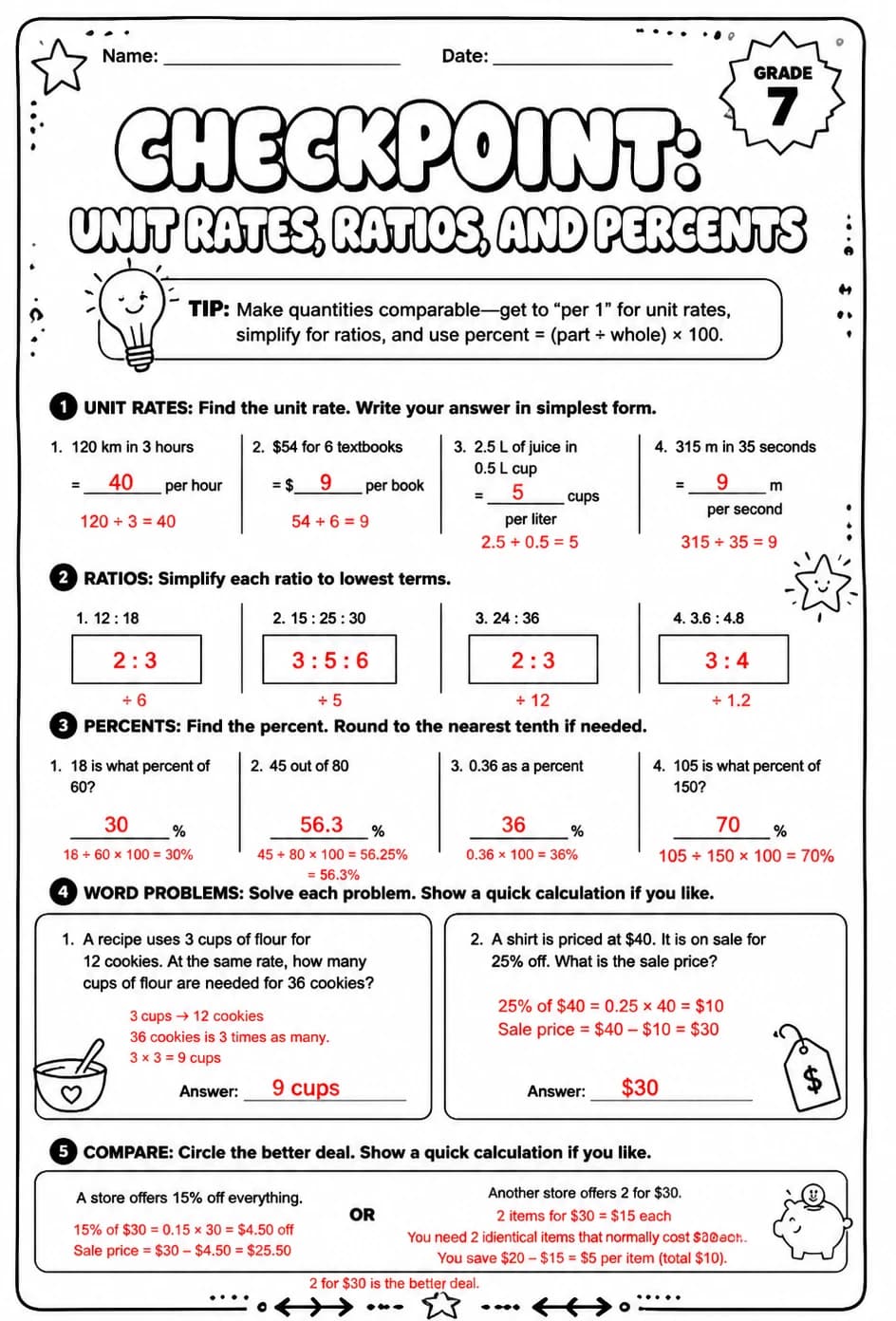 Answer key for Checkpoint: Unit rates, ratios, and percents — free printable Math worksheet