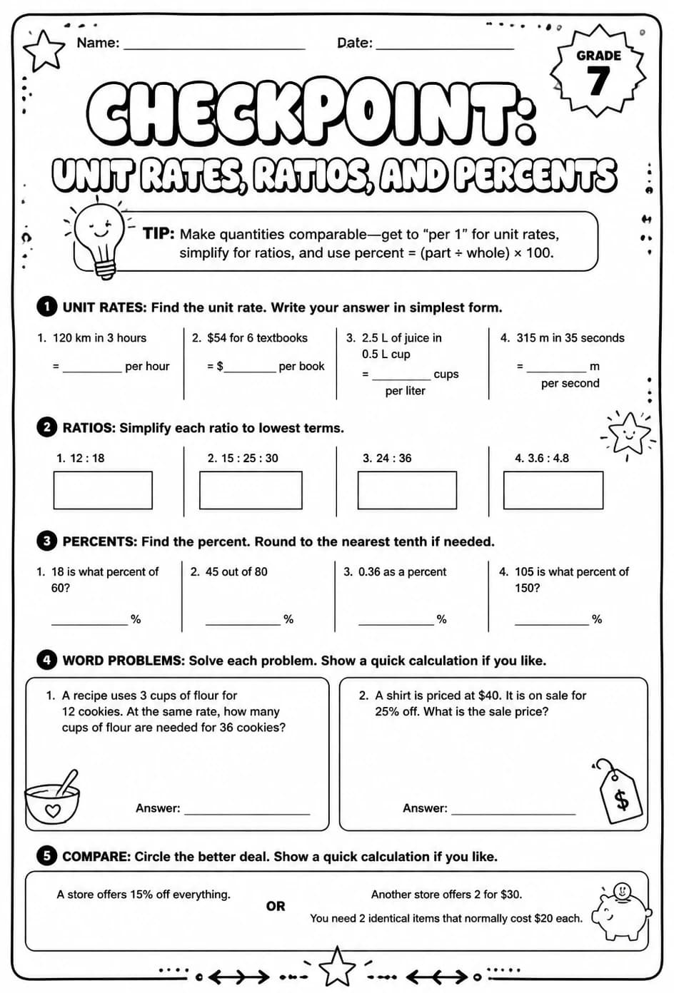 Checkpoint: Unit rates, ratios, and percents — free printable Grade 7 math worksheet