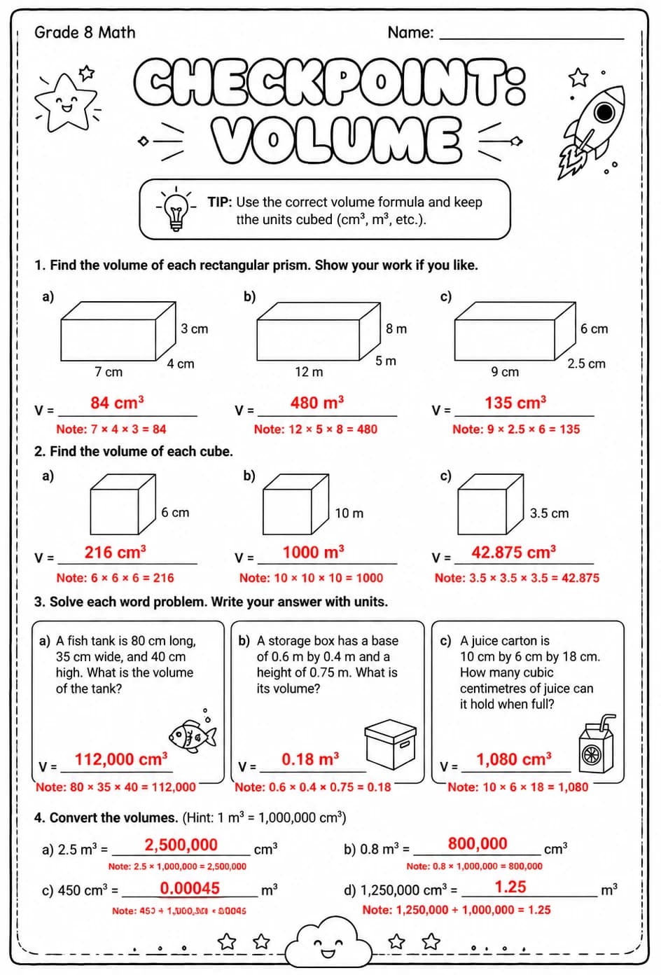 Answer key for Checkpoint: Volume — free printable Math worksheet