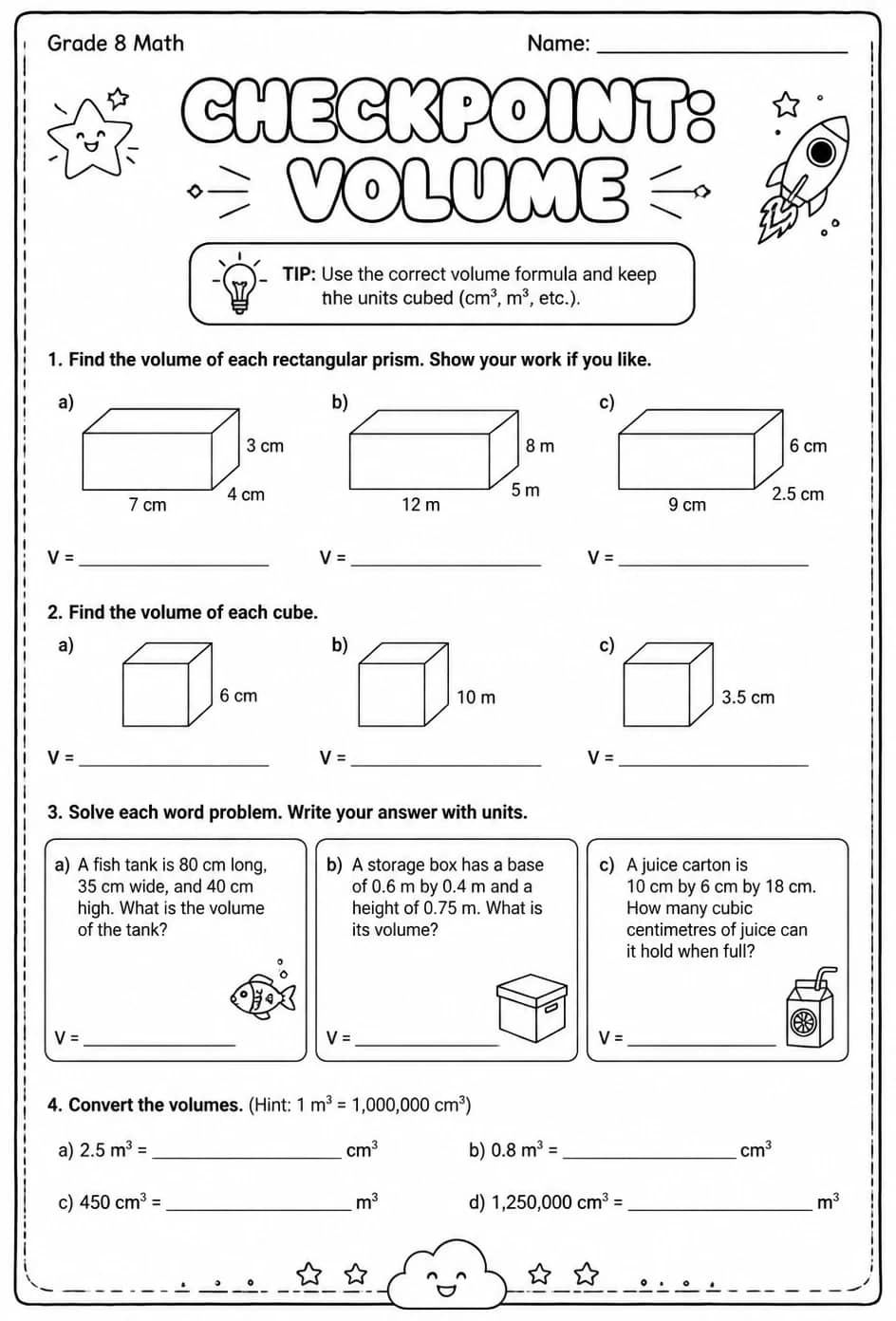 Checkpoint: Volume — free printable Grade 8 math worksheet