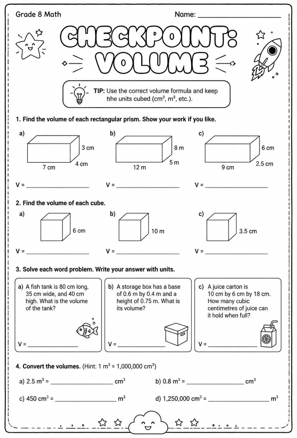 Checkpoint: Volume — free printable Grade 8 math worksheet