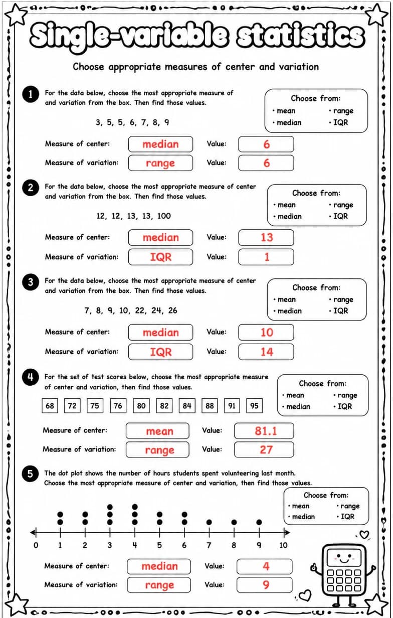 Answer key for Choose appropriate measures of center and variation — free printable Math worksheet