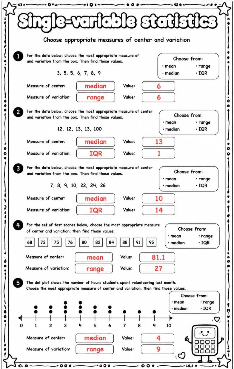 Answer key for Choose appropriate measures of center and variation — free printable Math worksheet