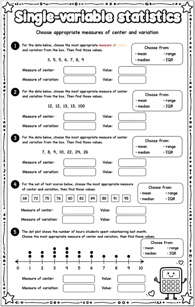 Choose appropriate measures of center and variation — free printable Algebra 1 math worksheet