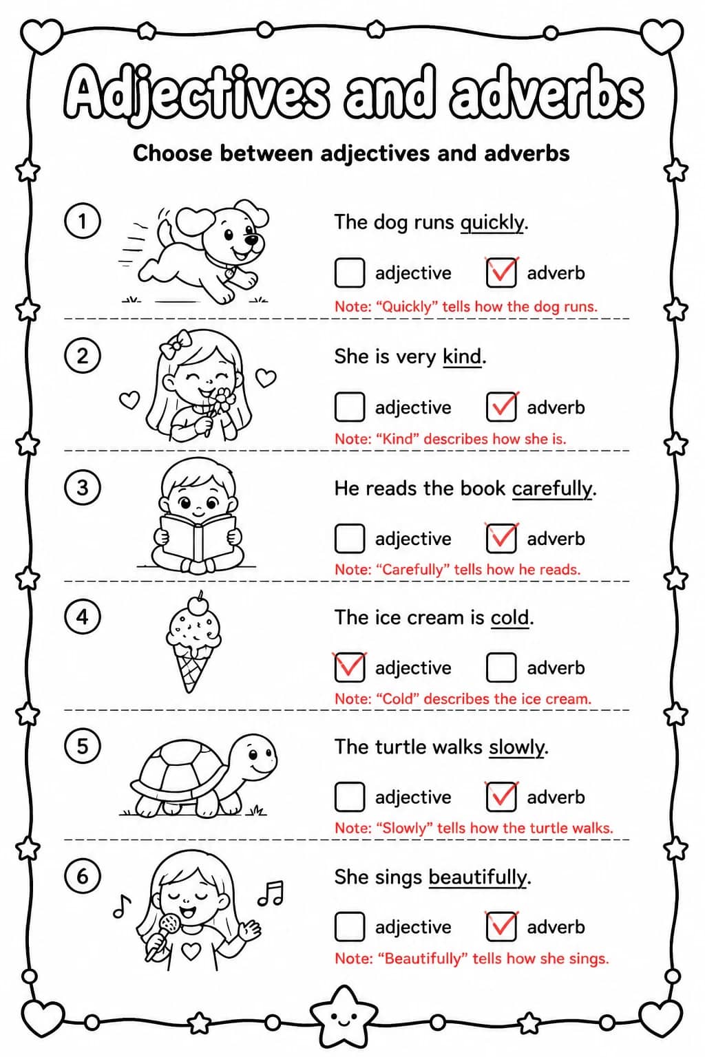 Answer key for Choose between adjectives and adverbs — free printable English & Reading worksheet